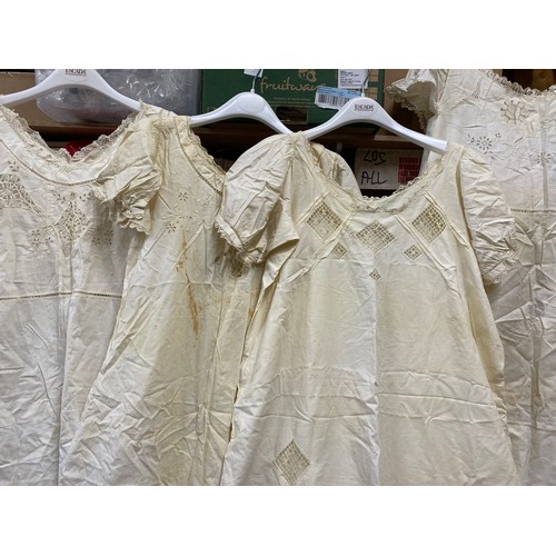 501 - Five Victorian lady's cotton night dresses (large) beautifully hand stitched and with lace decoratio... 