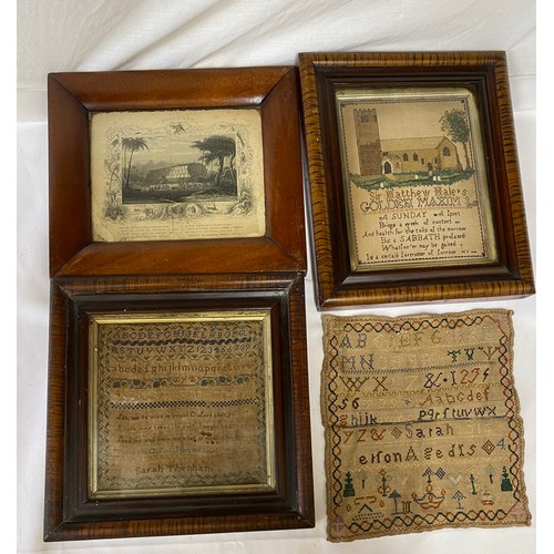 1046 - Three samplers, two in frames together with a framed book page depicting Noah's Ark. One sampler dep... 