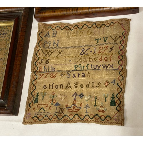 1046 - Three samplers, two in frames together with a framed book page depicting Noah's Ark. One sampler dep... 