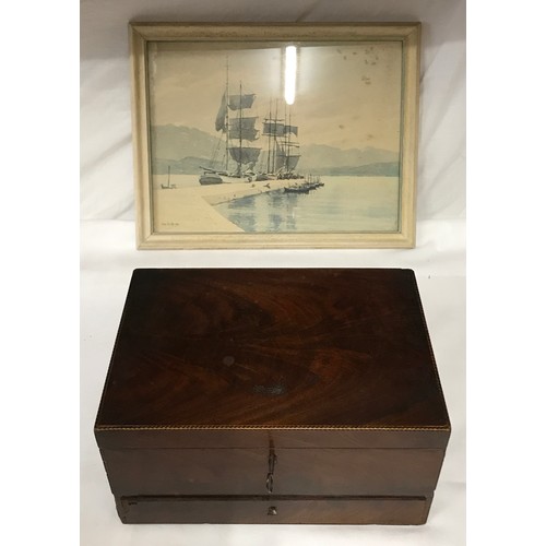 1047 - A mahogany box with inlay to edges and segmented drawer to base, with key, 31 l x 21 w x 16cm h toge... 