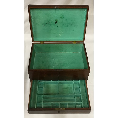 1047 - A mahogany box with inlay to edges and segmented drawer to base, with key, 31 l x 21 w x 16cm h toge... 