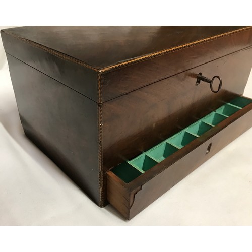 1047 - A mahogany box with inlay to edges and segmented drawer to base, with key, 31 l x 21 w x 16cm h toge... 