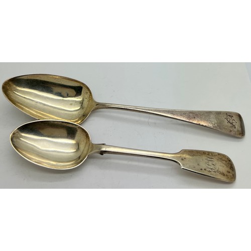 571 - Two silver spoons London 1801 maker WS and London 1855 Charles Boyton. Weight 101gm. Initialled.