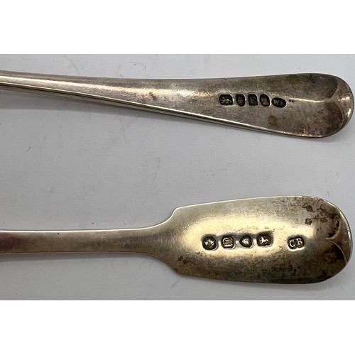 571 - Two silver spoons London 1801 maker WS and London 1855 Charles Boyton. Weight 101gm. Initialled.