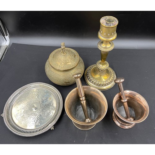 629 - Miscellaneous metal ware to include brass candlestick, plated tray, Benares brass lidded jar and two... 