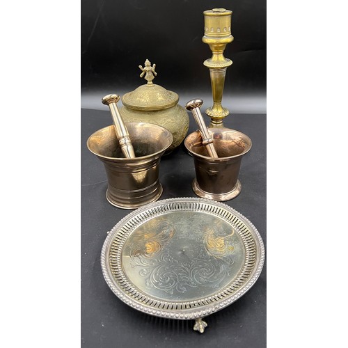 629 - Miscellaneous metal ware to include brass candlestick, plated tray, Benares brass lidded jar and two... 