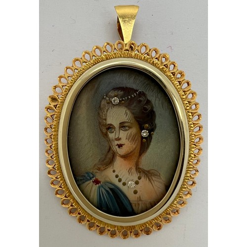 382 - An 18ct gold framed portrait cameo pendant/ brooch set with 3 diamonds. 8gm total weight.