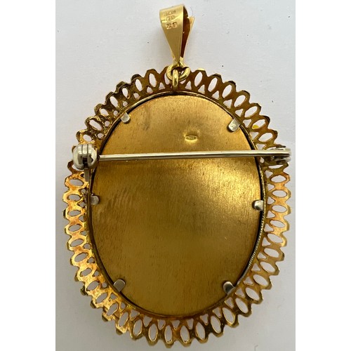 382 - An 18ct gold framed portrait cameo pendant/ brooch set with 3 diamonds. 8gm total weight.