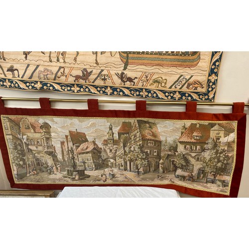 504 - Two wall hangings in the style of Bayeux tapestry including border 60cm h x 133cm, French scene 57cm... 