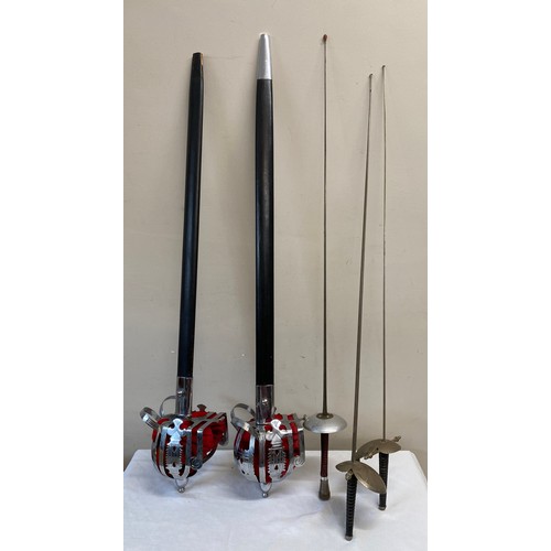 1056 - Two basket hilted replica swords for the Royal Scots Fusiliers and a Leon Paul fencing foil and two ... 