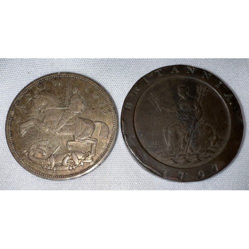 443 - A George III cartwheel twopence 1797 and a  1935 crown of George V.