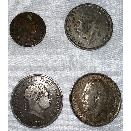 444 - A George III crown 1818, shield back,  George III 1817 shilling, George V half crown 1913 and 1926.