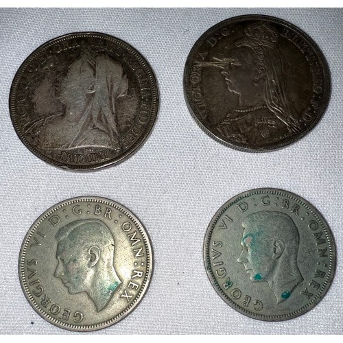 447 - An 1889 Crown Jubilee Head, 1898 Crown Old Head and two George VI half crowns 1948 & 1951.