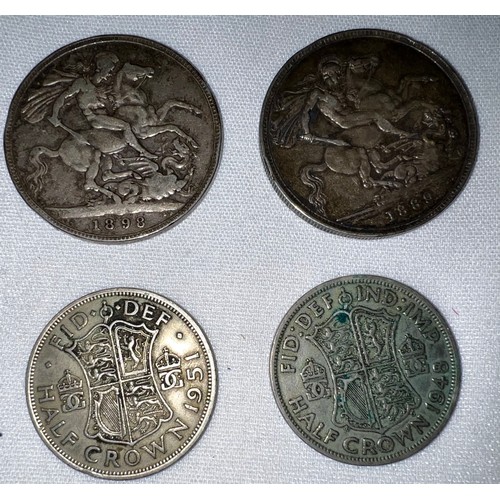 447 - An 1889 Crown Jubilee Head, 1898 Crown Old Head and two George VI half crowns 1948 & 1951.