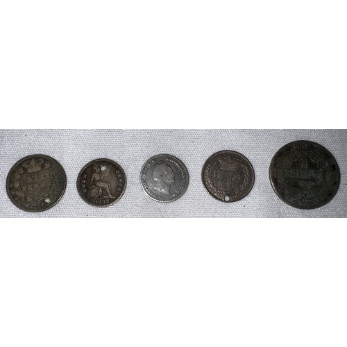 448 - Coins to include two Fourpences 1836, 1837, Sixpence 1881, 1851 4d Maundy money and 1896 1 shilling ... 