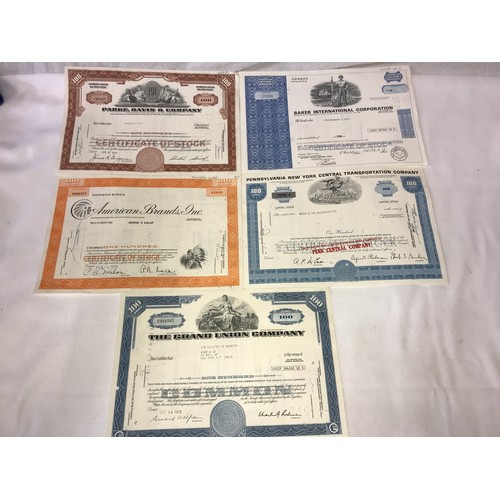 457 - Five Shares certificates to include Barker international corporation, The Grand Union Company etc.