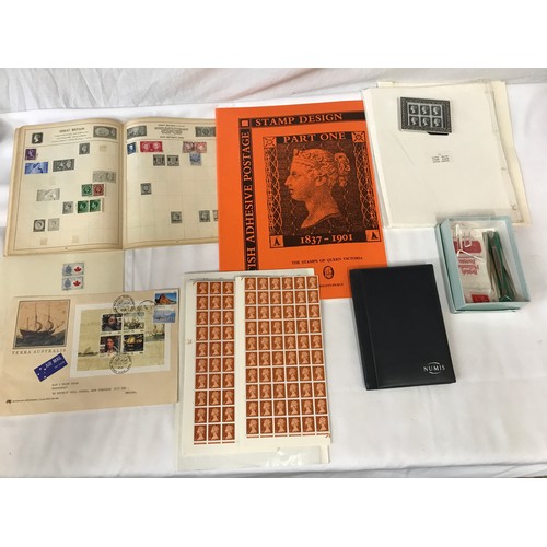 459 - Mixed lot of miscellaneous stamp items to include a stamp album of the world, images of stamps of Qu... 