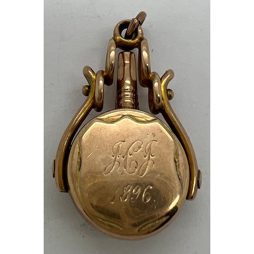 383 - A 9ct gold watch fob/ key with blood agate to one side, initialled and date 1896 to reverse. Weight ... 