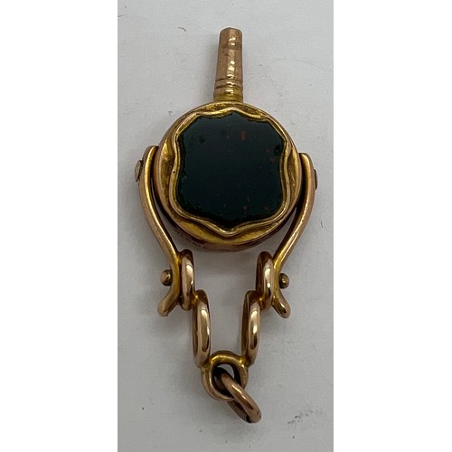 383 - A 9ct gold watch fob/ key with blood agate to one side, initialled and date 1896 to reverse. Weight ... 