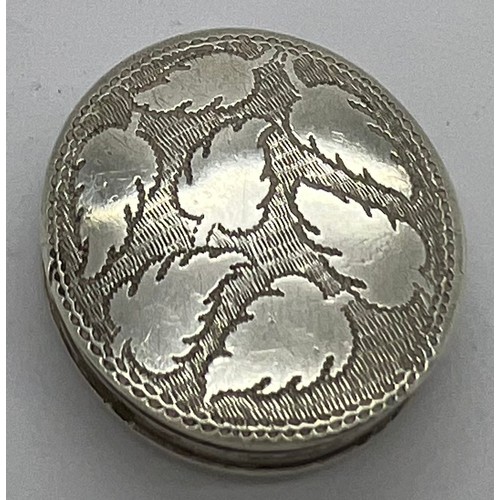 578 - Georgian silver pill box Birmingham 1810, maker Samuel Pemberton with leaf decoration. 22mm d.