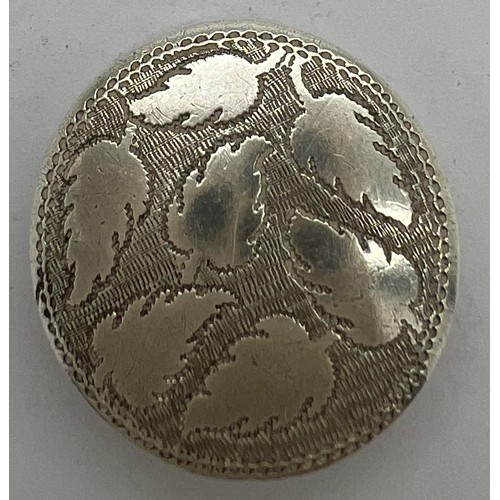 578 - Georgian silver pill box Birmingham 1810, maker Samuel Pemberton with leaf decoration. 22mm d.