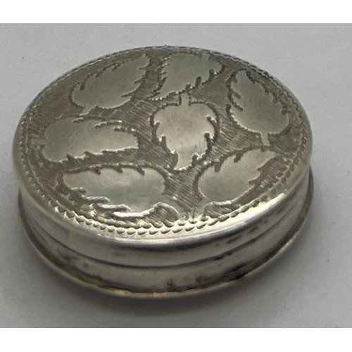 578 - Georgian silver pill box Birmingham 1810, maker Samuel Pemberton with leaf decoration. 22mm d.