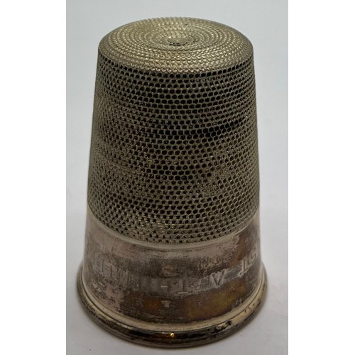 581 - Silver thimble spirit measure 'Just a Thimbleful'. 1948, maker Charles Horner 5.5cm h, weight 39gm.