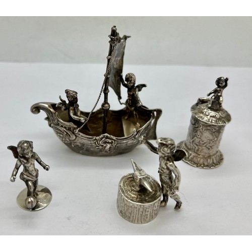 582 - Four continental silver miniatures all depicting cherubs with import marker - boat for Chester 1900.... 