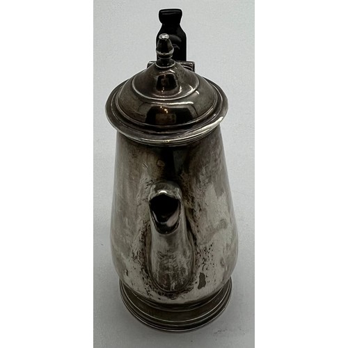 595 - Miniature silver coffee pot circa 1740, maker J.S. 7cm h with ebony handle.