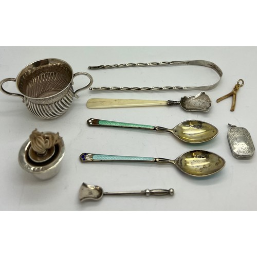 597 - Miscellaneous silver etc to include 2 enamel and silver spoons, Birmingham 1918; Georgian silver and... 