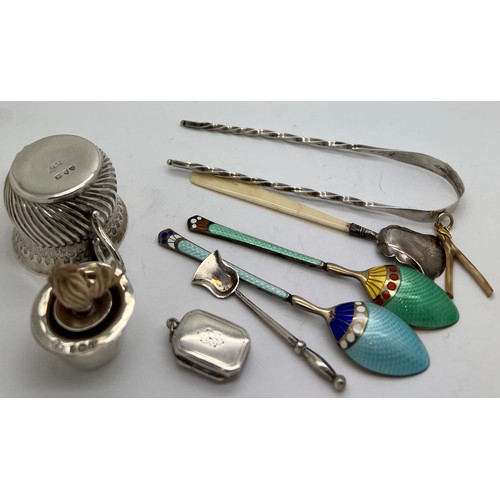 597 - Miscellaneous silver etc to include 2 enamel and silver spoons, Birmingham 1918; Georgian silver and... 