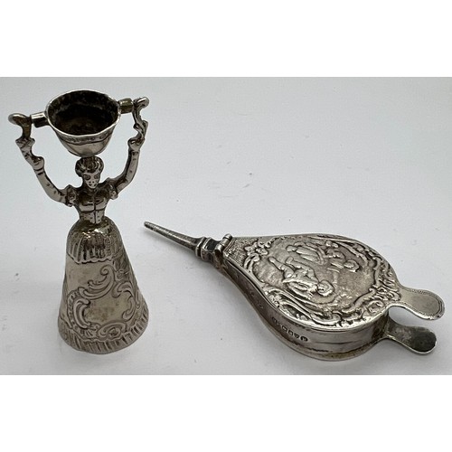 598 - Continental silver to include miniature wager or marriage cup, 6.5cm h and miniature bellows with im... 