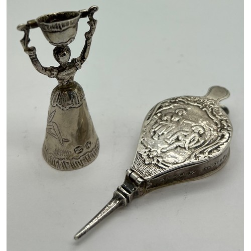 598 - Continental silver to include miniature wager or marriage cup, 6.5cm h and miniature bellows with im... 