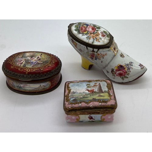 385 - Three 19thC Continental enamel boxes to include shoe, oval red ground 6.5 x 4.5cm with five various ... 