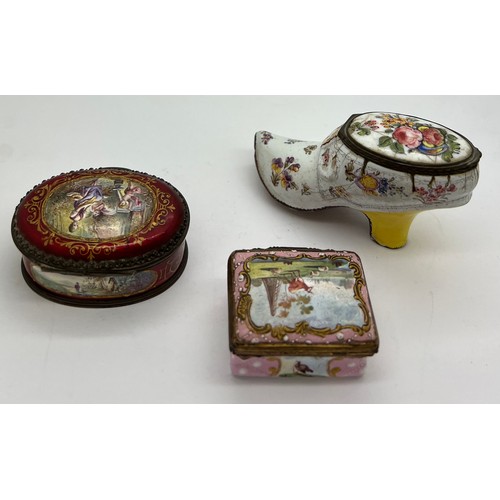 385 - Three 19thC Continental enamel boxes to include shoe, oval red ground 6.5 x 4.5cm with five various ... 