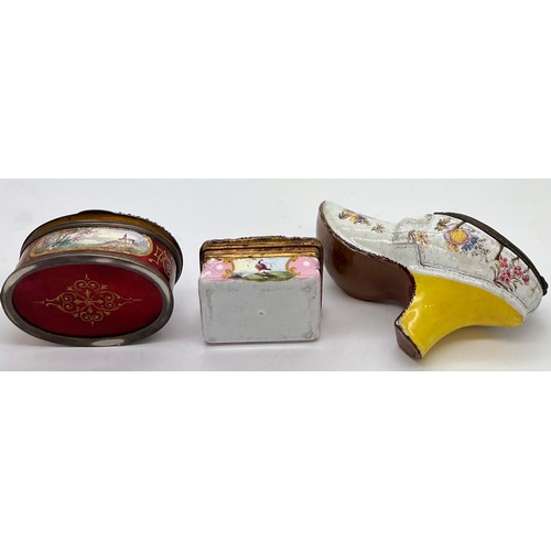 385 - Three 19thC Continental enamel boxes to include shoe, oval red ground 6.5 x 4.5cm with five various ... 