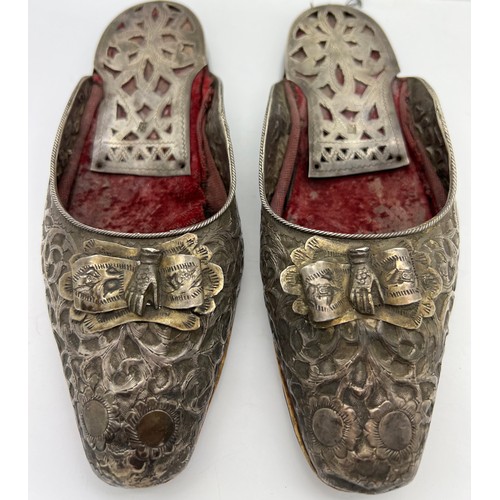 606 - A pair of antique silver Arab Ottoman Persian Middle East shoes Harem Princess. Circa 1850-1900. 19c...