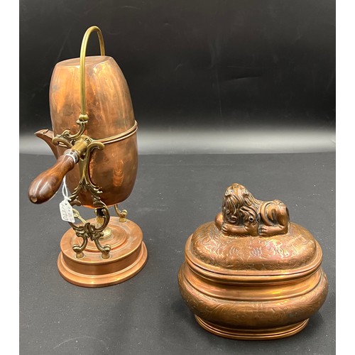 631 - A late 19thC French copper and brass coffee maker together with a 19thC copper tea caddy with recumb... 