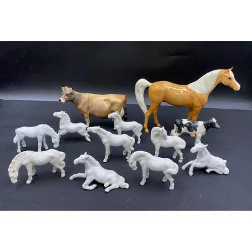 147 - A collection of ceramic horses and cattle to include three Beswick, Beswick horse height 16cm and 9 ... 