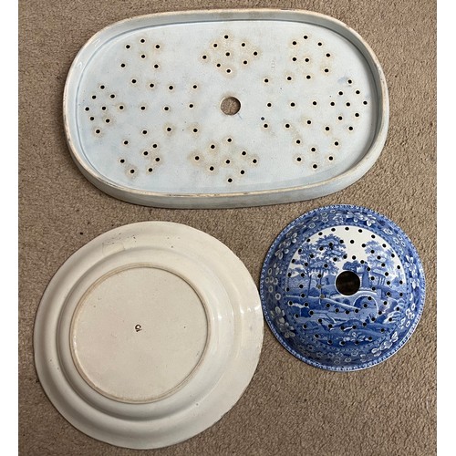 151 - Three 19thC blue and white transfer printed ceramics to include 2 x draining plates and a dish.  Lar... 