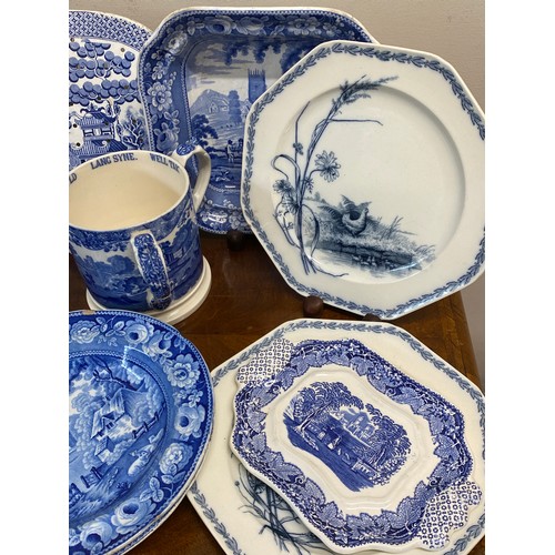 152 - A quantity of 19th and 20thC blue and white ceramics to include drainer 33 cm, square dish, Copeland... 