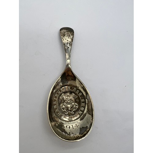 608 - Silver caddy spoon, Darlington Dog Show 1914. 22gm. Sheffield 1914. Maker Atkin Brothers.