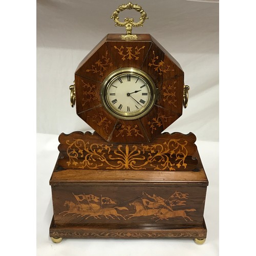 843 - Mahogany inlaid French style mantel clock 53cms h, 36cms w, max 15.5cms d.  JF on movement. Has two ... 