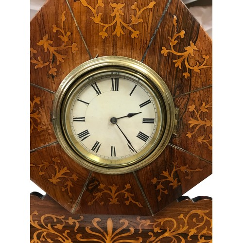 843 - Mahogany inlaid French style mantel clock 53cms h, 36cms w, max 15.5cms d.  JF on movement. Has two ... 