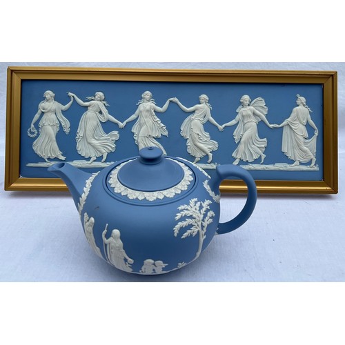 193 - A Wedgwood jasperware framed plaque 18 x 48cm together with a Wedgwood teapot.