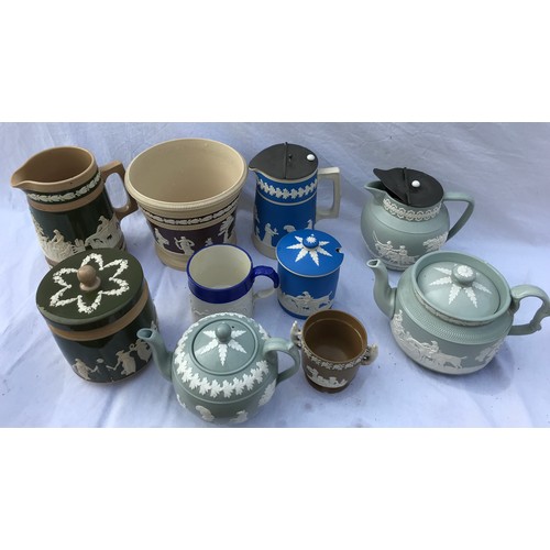 212 - A collection of Copeland and Spode jasperware to include teapots, jugs etc.