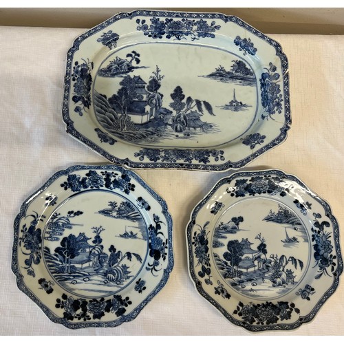 518 - Three 18thC Chinese Blue and White plates. Largest one 33cm x 24cm. (3)