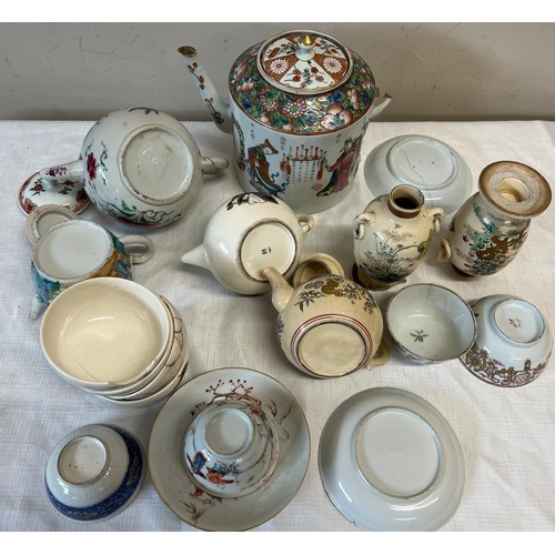 519 - A quantity of Oriental ceramics to include tea bowls, saucers, teapots etc. Tallest pot 16cm h.