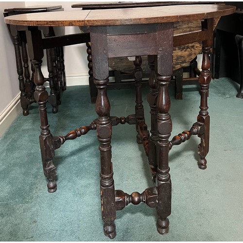 1305 - An 18th C oak gateleg table with drawer to one end 80cm x 70 cm open and 70cm x 27cm closed