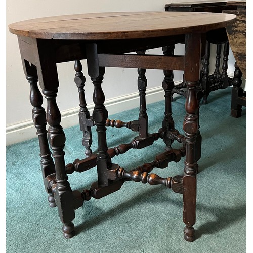 1305 - An 18th C oak gateleg table with drawer to one end 80cm x 70 cm open and 70cm x 27cm closed